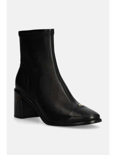 Кожени боти Tory Burch Cap-Toe Heel Ankle Boot в черно с дебел ток 159425-006