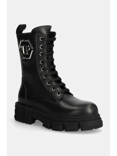 Кожени кубинки Philipp Plein Embossed Army Boot в черно с платформа WSE0811 PLE010N 02