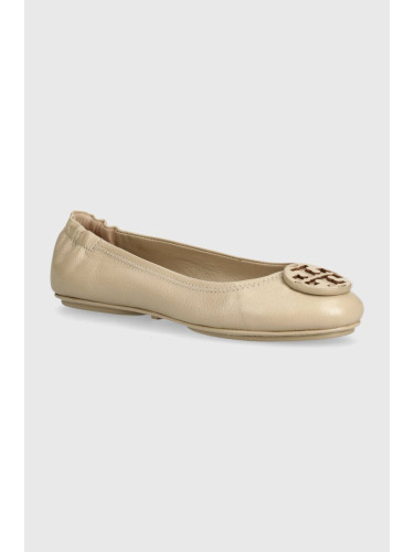 Кожени балеринки Tory Burch Minnie Travel Ballet в бежово  141362-250