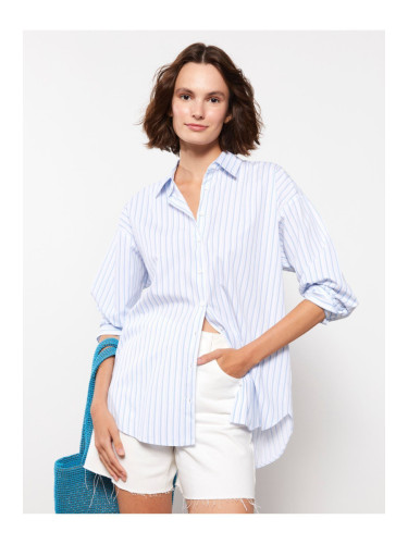 LC Waikiki Women's Front Button Closure Striped Long Sleeve Poplin Shirt