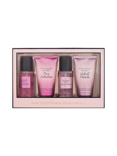 Victoria´s Secret Pure Seduction & Velvet Petals Подаръчен комплект спрей за тяло Pure Seduction 75 ml + лосион за тяло Pure Seduction 75 ml + спрей за тяло Velvet Petals 75 ml + лосион за тяло Velvet Petals 75 ml