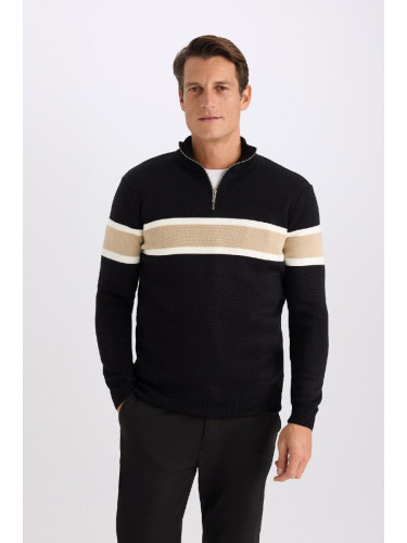 DEFACTO Men's Black Standard Fit Regular Cut Turtleneck Half Zipper Striped Knitwear Sweater