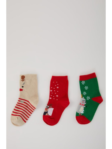 DEFACTO Baby Boy Christmas Themed Non-Slip Sole 3-Piece Cotton Long Socks