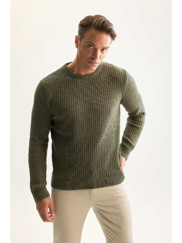 DEFACTO Men's Green Standard Fit Crew Neck Textured Knitwear Sweater