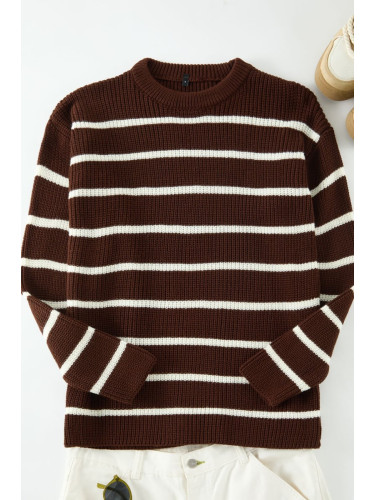 Trendyol Brown Casual Oversize Crew Neck Striped Knitwear Sweater