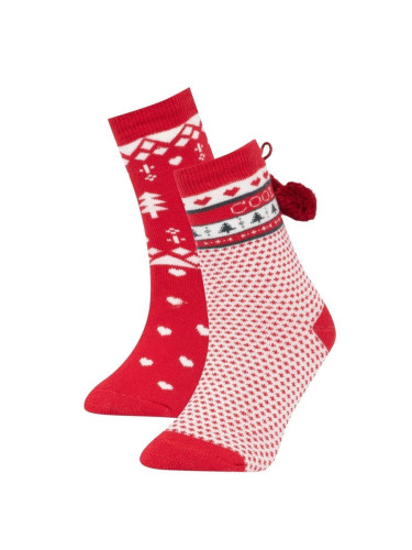 DEFACTO Girl's New Year's Themed 2-Piece Cotton Long Socks