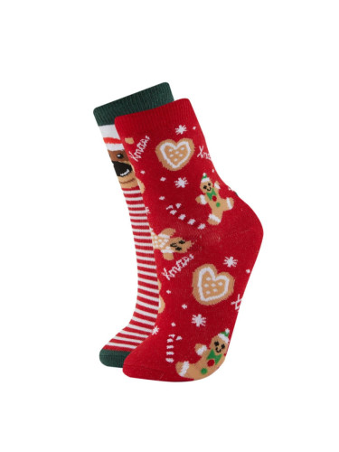 DEFACTO Girl's Christmas Themed 2-Piece Cotton Long Socks