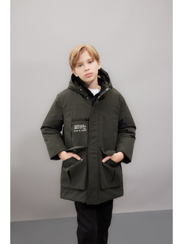 DEFACTO Boy's Water Repellent Hooded Zippered Snap Closure Pocket Parka