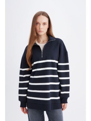 DEFACTO Relax Fit Polo Collar Striped Soft Fluffy Thick Sweatshirt Tunic