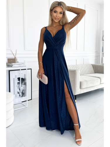 498-1 Long dress with neckline and double straps - NAVY BLUE WITH BROCADE