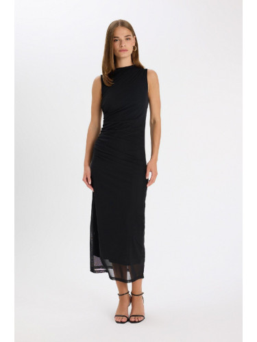 DEFACTO Bodycon Bodycon Half Turtleneck Basic Plain Tulle Sleeveless Maxi Black Dress C3519ax24au