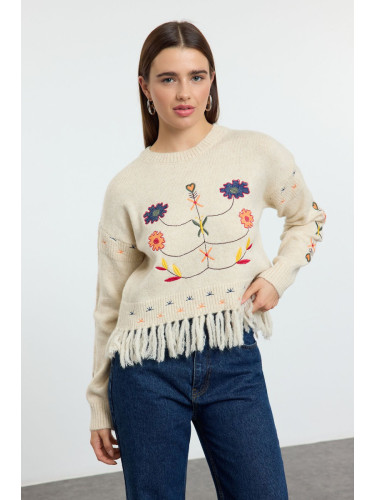 Trendyol Ecru Soft Texture Tassel Embroidered Knitwear Sweater