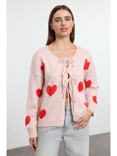 Trendyol Pink Heart Patterned Tie Detailed Knitwear Cardigan