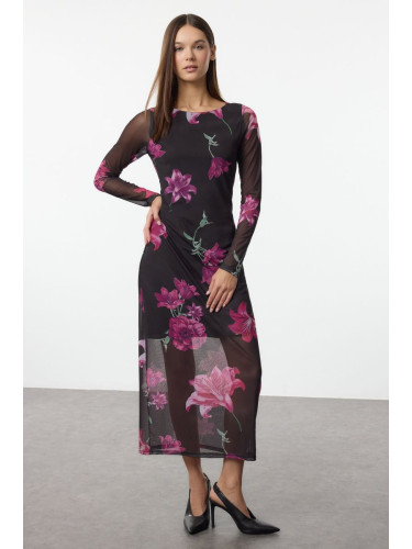 Trendyol Pink Floral Crew Neck Lined Bodycon Tulle Midi Knitted Dress