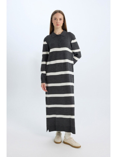 DEFACTO Regular Fit Polo Collar Buttoned Striped Long Sleeve Maxi Dress