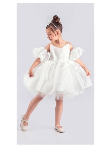 Официална детска рокля с тюл в бяло Даян и панделка за коса