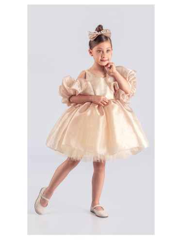 Официална детска рокля с тюл в златисто Даян и панделка за коса