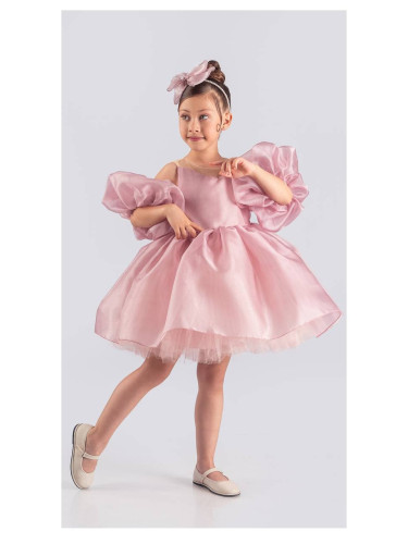 Официална детска рокля с тюл в розово Даян с панделка за коса
