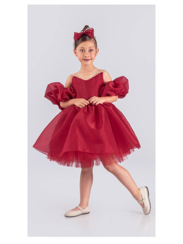 Официална детска рокля с тюл в червено Даян и панделка за коса