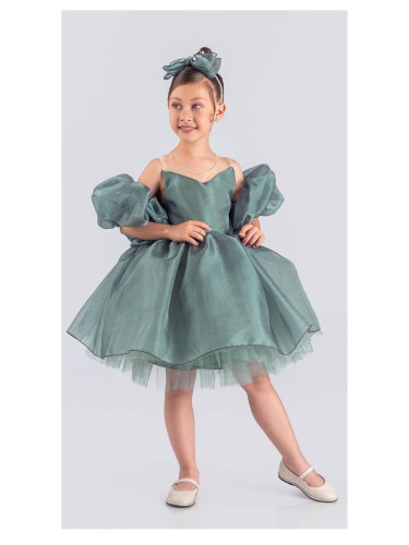 Официална детска рокля с тюл в зелено Даян и панделка за коса