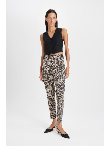 DEFACTO Cigarette Satin Trousers Leopard Patterned Regular Waist Elasticated Straight Leg