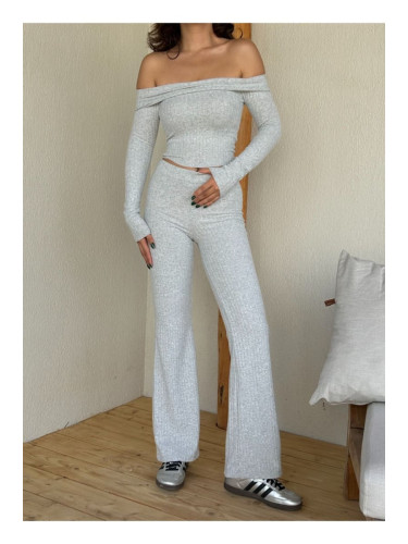 Trendyol Grey Melange High Waist Flexible Ribbed Knitted Trousers