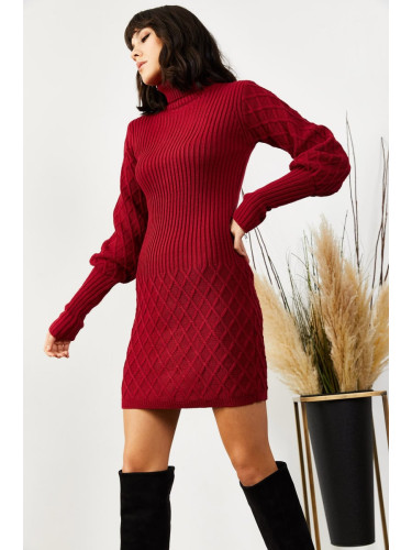 Olalook Women's Burgundy Sleeve and Skirt Textured Knitwear Dress