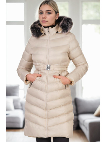 Z6690 DEWBERRY FUR HOODED LADIES' COAT-BEIGE-1