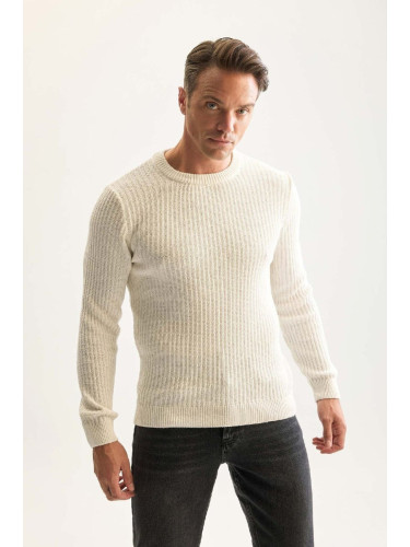 DEFACTO Men's Ecru Standard Fit Crew Neck Textured Knitwear Sweater