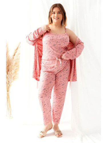 Trendyol Curve Pink Star Pattern 3-Pack Lacing and Lace Detail Knitted Pajamas Set