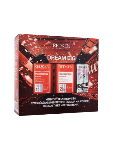 Redken Frizz Dismiss Dream Big Подаръчен комплект шампоан Frizz Dismiss 300 ml + балсам Frizz Dismiss 300 ml + грижа за коса One United All-In-One Multi-Benefit Treatment 150 ml увредена кутия