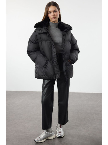 Trendyol Black Regular Fit Fur Collar Belted Puffer Coat