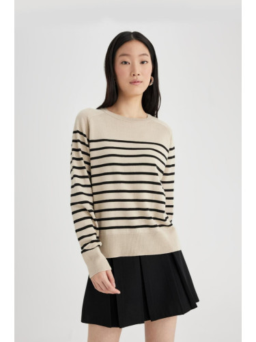 DEFACTO Regular Fit Soft Textured Crew Neck Striped Basic Plain Knitwear Sweater