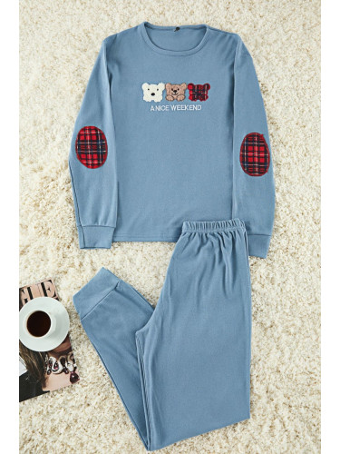 Trendyol Blue Cotton Animal and Slogan Embroidered Knitted Pajama Set