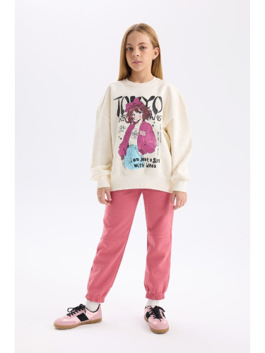 DEFACTO Girl 2-Piece Set Crew Neck Printed Sweatshirt Elastic Waist Tracksuit Bottoms