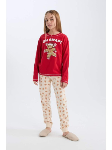 DEFACTO Girls' Pajamas Set Christmas Themed Crew Neck Long Sleeve Top Long Bottom