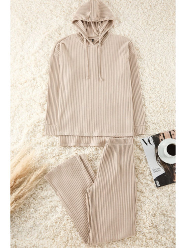 Trendyol Dark Beige Cotton Hooded Ribbed Knitted Pajama Set