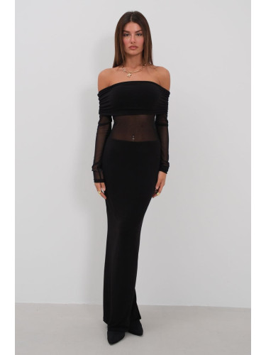 Trendyol Black Body-Sitting Carmen Collar Long Elegant Evening Dress