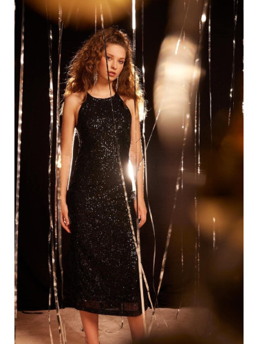 DEFACTO Christmas Themed Halter Neck Sequined Sleeveless Maxi Black Dress