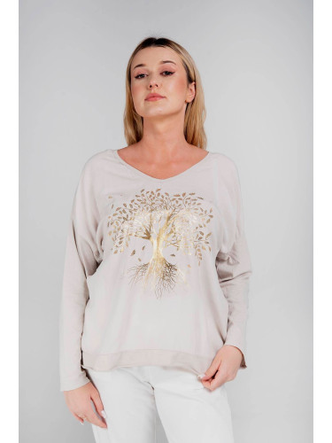 Beige blouse with a print with an admixture of linen