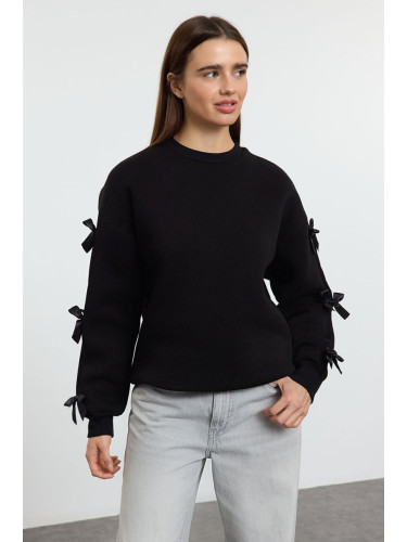 Trendyol Black Bow Detail Oversize/Wide Pattern Thick Polar Fleece Knitted Sweatshirt