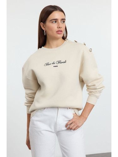 Trendyol Beige Slogan Button Detailed Regular Fit Thick Polar Fleece Knitted Sweatshirt