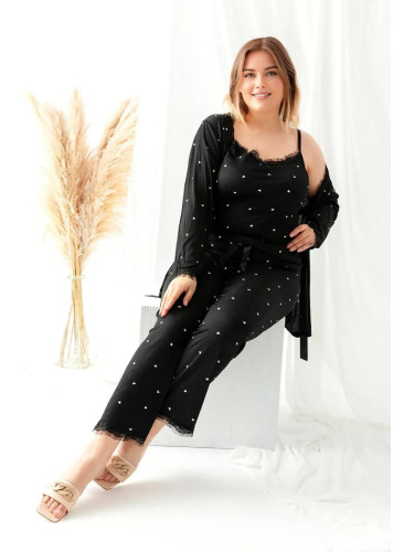 Trendyol Curve Black Heart Patterned 3-Pack Tie and Lace Detailed Knitted Pajama Set