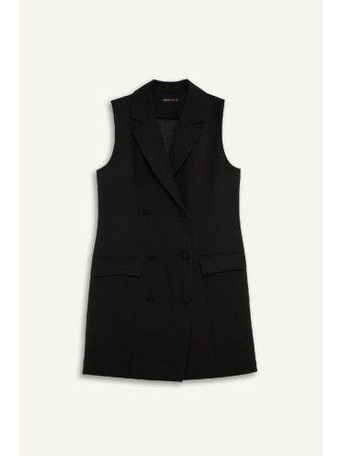 DEFACTO A-Line Double Breasted Buttoned Basic Plain Sleeveless Midi Black Blazer Dress