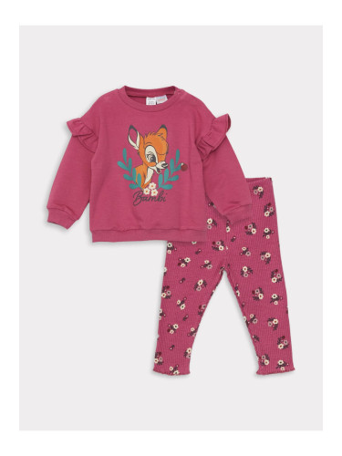 LC Waikiki Crew Neck Long Sleeve Bambi Printed Baby Girl Sweatshirt and Leggings 2- Set