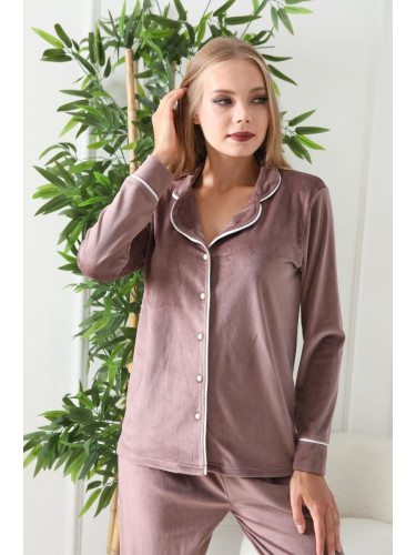 Trendyol Mink Piping Detailed Velvet Knitted Pajama Set