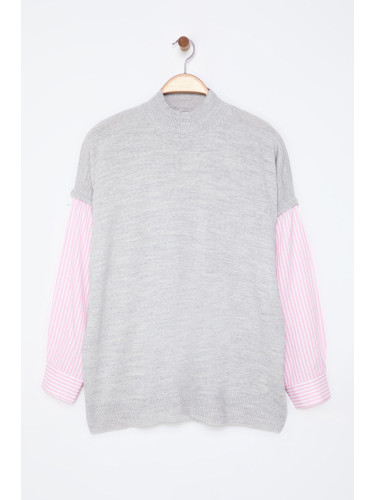 Trendyol Curve Gray Sleeves Pink Striped Woven Mixed Knitwear Sweater