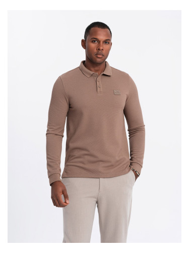 Ombre Men's structured polo longsleeve with patch - brown