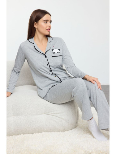 Trendyol Grey Melange Cotton Panda Printed Knitted Pajama Set