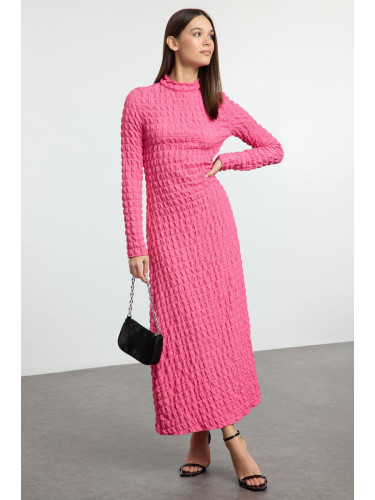 Trendyol Fuchsia Plain Textured Stand Collar A-Line Flexible Maxi Knit Dress